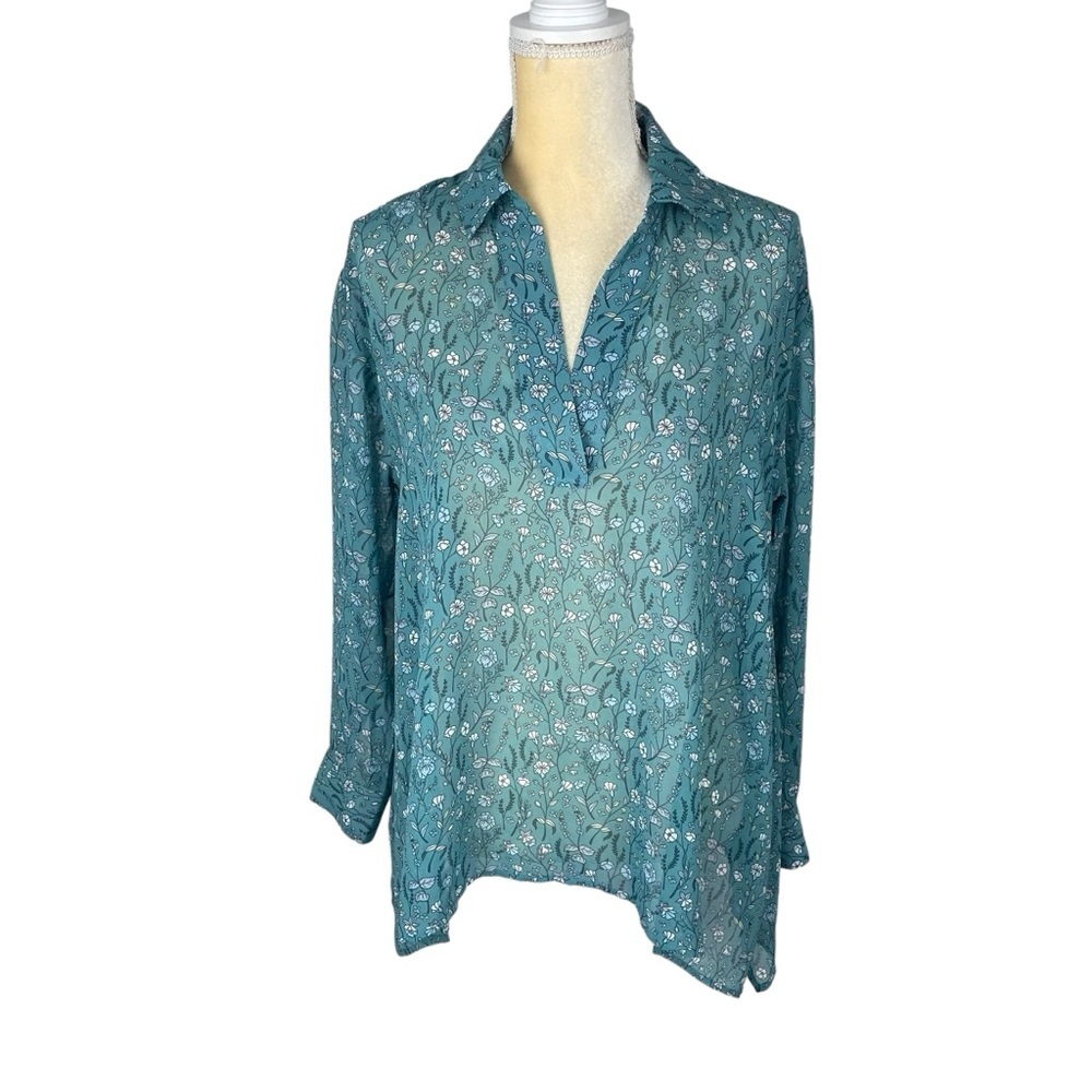 CAbi 3761 Kate Chase Field of Flowers Blouse Size XXS Blue Green‎ Floral Sheer - Picture 3 of 10
